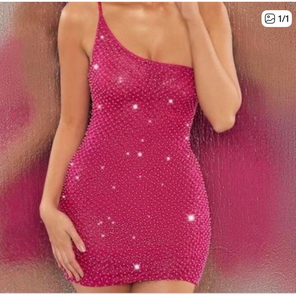 Oh Polly embellished beaded one shoulder hot pink mini dress size 2